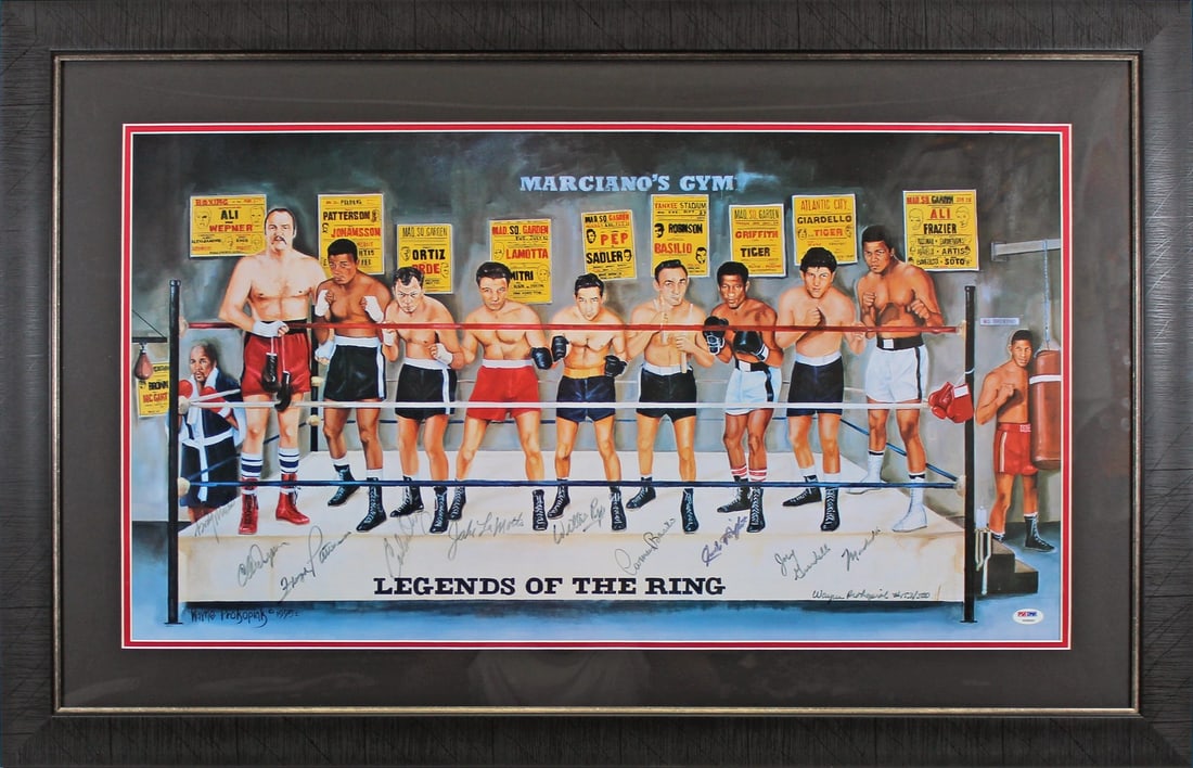 Legends Of The Ring Signed Lithograph 20x33 Muhammad Ali & 9 Boxers PSA/DNA: Legends Of The Ring Signed Lithograph 20x33 Muhammad Ali & 9 Boxers PSA/DNA Celebrate boxing history with this limited edition lithograph featuring ten legendary boxers, including Muhammad Ali, Joey G