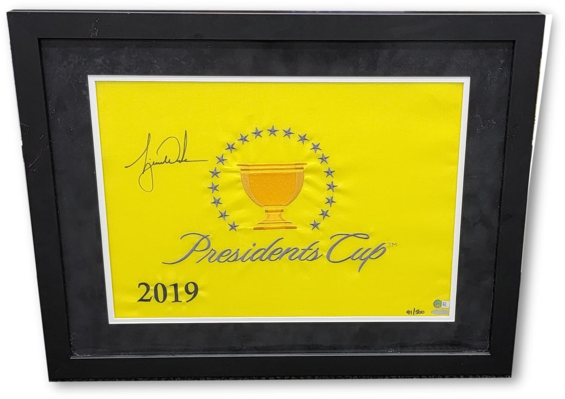 Tiger Woods Autographed 2019 Presidents Cup Framed Flag UDA Limited #/500: Tiger Woods Autographed 2019 Presidents Cup Framed Flag UDA Limited #/500 Capture the excitement of golf history with this authentic Tiger Woods signed 2019 Presidents Cup pin flag. This piece is fram