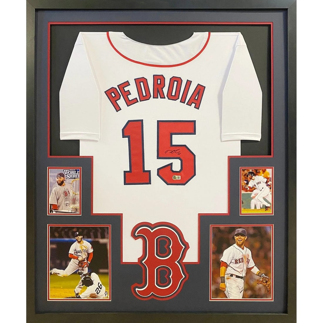 Framed Boston Red Sox Jersey Signed by Dustin Pedroia with Beckett Authentication: Framed Boston Red Sox Jersey Signed by Dustin Pedroia with Beckett Authentication This framed Boston Red Sox jersey is autographed by Dustin Pedroia and features a Beckett authentication, including a 