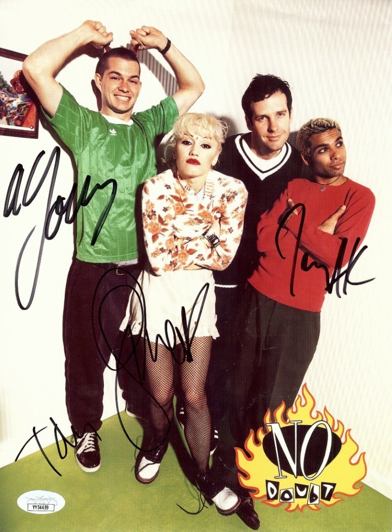 No Doubt Signed 8x11 Photo Gwen Stefani Adrian Young JSA Certified: No Doubt Signed 8x11 Photo Gwen Stefani Adrian Young JSA Certified This is an original 8x11 photograph signed by members of the iconic band No Doubt: Gwen Stefani, Adrian Young, Tony Kanal, and Tom Du