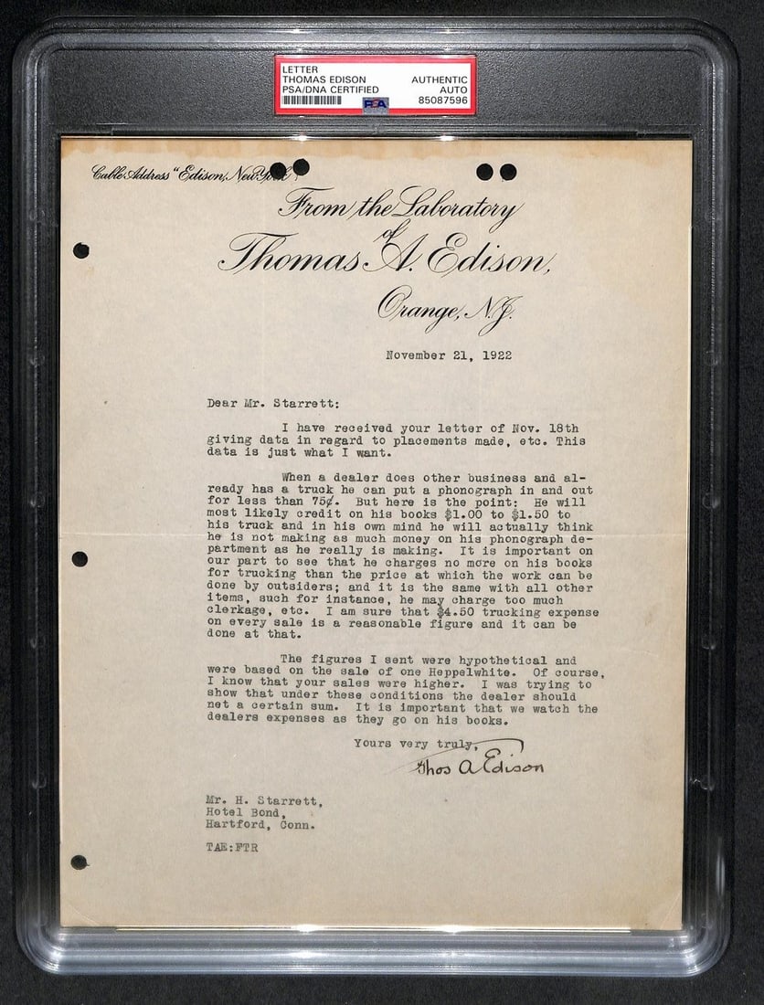 Thomas Edison 1922 Typed Signed Letter Encapsulated With PSA DNA Authentication (1 of 4)
