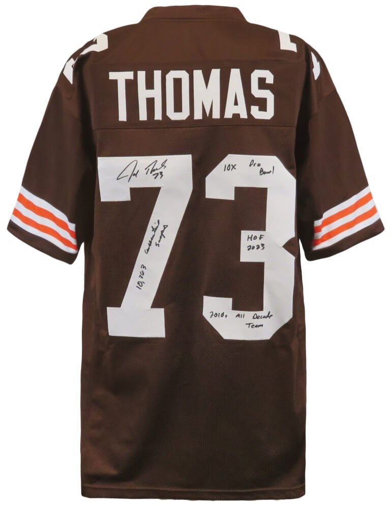 Joe Thomas Signed Browns Jersey with 4 Inscriptions and COA: Joe Thomas Signed Browns Jersey with 4 Inscriptions and COA Own a piece of NFL history with this Joe Thomas signed brown custom football jersey, featuring four impressive inscriptions: 'HOF 2023', '10