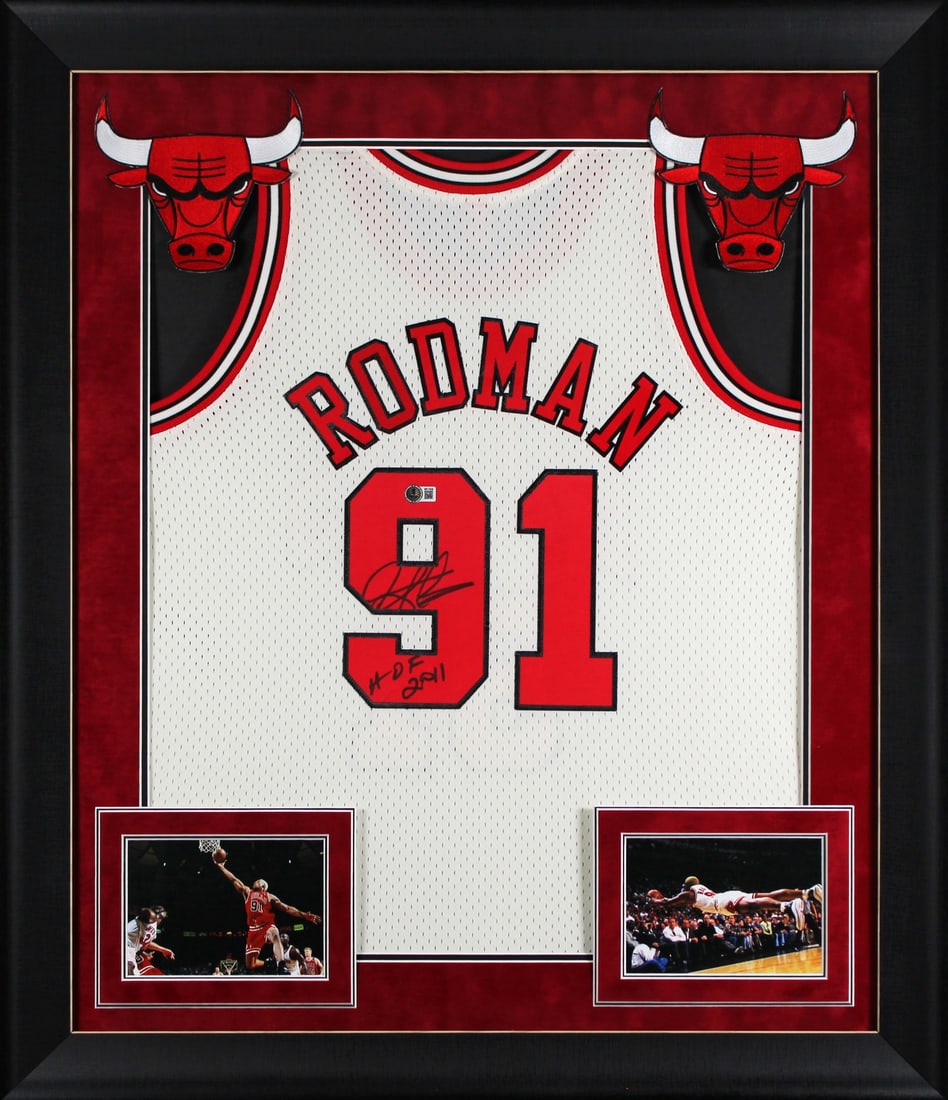 Framed Cream Mitchell Ness Bulls Jersey Signed by Dennis Rodman HOF 2011 BAS Authenticated (1 of 2)