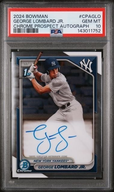 PSA 10 2024 Bowman Chrome Autograph George Lombard Jr: PSA 10 2024 Bowman Chrome Autograph George Lombard Jr This is a 2024 Bowman Chrome Prospect Autograph trading card featuring George Lombard Jr. of the New York Yankees. The card is signed by George Lo