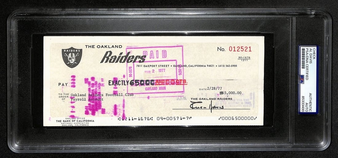 Al Davis HOF Autographed Bank Check Raiders PSA/DNA: Al Davis HOF Autographed Bank Check Raiders PSA/DNA This collectible features an original 8.5x3.5 bank check signed by Al Davis, the legendary figure in football and Hall of Fame inductee. The check, 