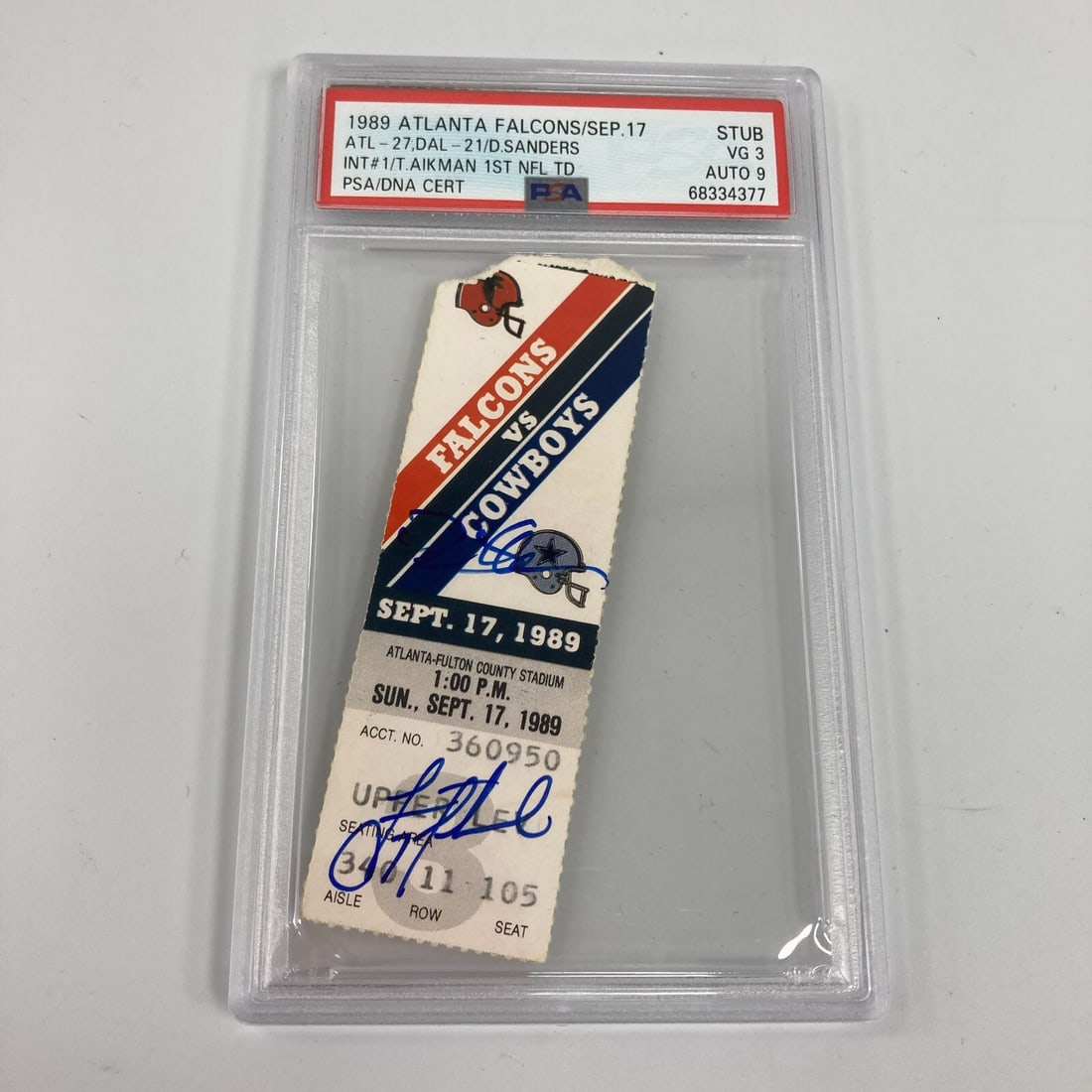 Troy Aikman First Touchdown Deion Sanders First Interception Signed Ticket PSA: Troy Aikman First Touchdown Deion Sanders First Interception Signed Ticket PSA This unique collectible features a signed ticket stub commemorating Troy Aikman's first touchdown and Deion Sanders' firs