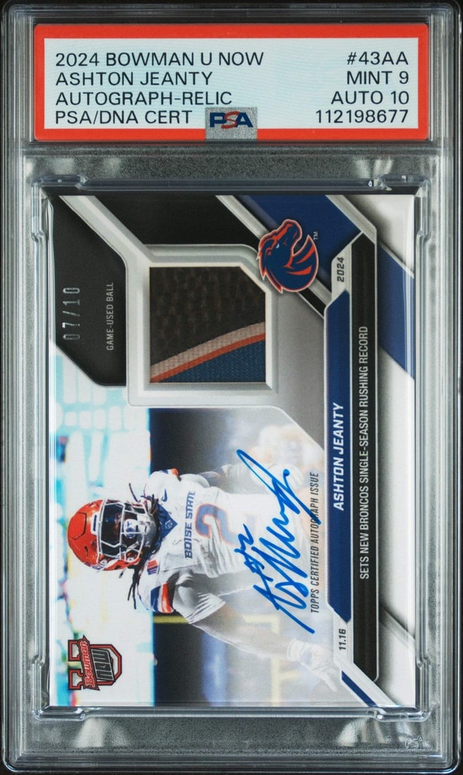 2024 Bowman U Ashton Jeanty RPA /10 Rookie Card PSA 9 Auto 10: 2024 Bowman U Ashton Jeanty RPA /10 Rookie Card PSA 9 Auto 10 This is a graded 2024 Bowman U Now Ashton Jeanty #43AA Rookie Card, featuring a rare RPA /10. The card is encapsulated and graded by Profe