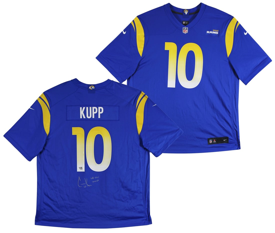 Cooper Kupp Signed Blue Nike Game Jersey SB MVP Los Angeles Rams: Cooper Kupp Signed Blue Nike Game Jersey SB MVP Los Angeles Rams Celebrate the incredible achievement of Cooper Kupp with this authentic autographed blue Nike game jersey, featuring the inscription "S