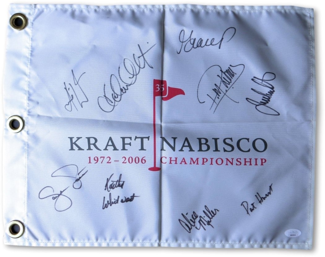 LPGA Golf Flag Signed by Inkster Webb JSA: LPGA Golf Flag Signed by Inkster Webb JSA This LPGA golf flag is an original collectible featuring multiple signatures from prominent LPGA players, including Julie Inkster, Karrie Webb, Kathy Whitwort