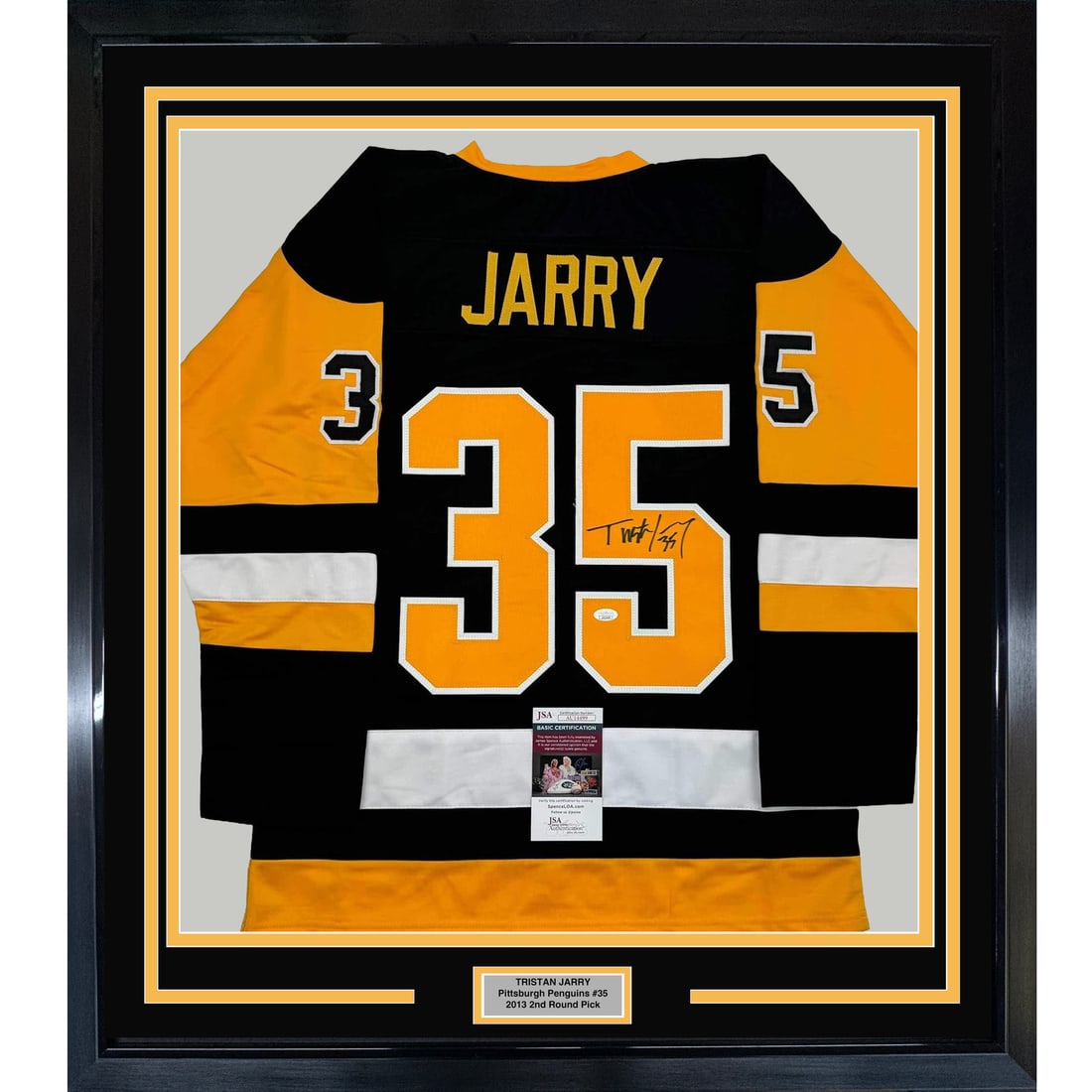 Framed Signed Tristan Jarry Pittsburgh Penguins Jersey with JSA COA 35x39: Framed Signed Tristan Jarry Pittsburgh Penguins Jersey with JSA COA 35x39 Celebrate your love for hockey with this professionally framed and autographed Tristan Jarry jersey from the Pittsburgh Pengui