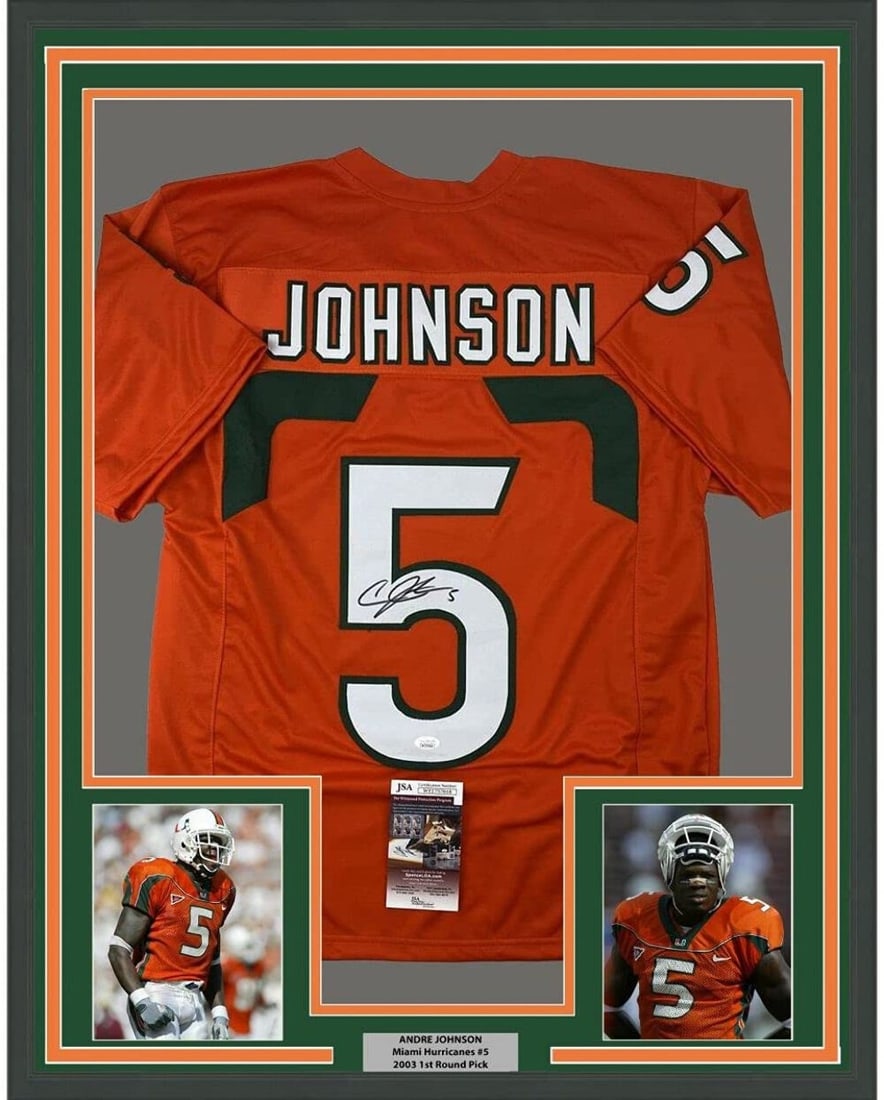 Andre Johnson Signed Orange Framed College Jersey JSA COA 33x42: Andre Johnson Signed Orange Framed College Jersey JSA COA 33x42 This professionally framed and matted orange football jersey is autographed by Andre Johnson and represents the Miami Hurricanes. The di