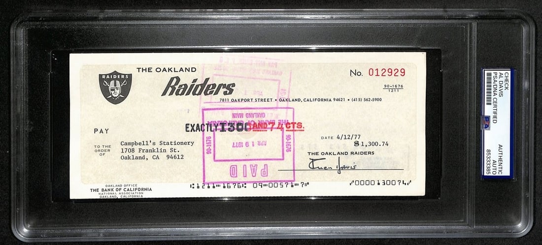 Al Davis Autographed Bank Check Oakland Raiders PSA/DNA Certified: Al Davis Autographed Bank Check Oakland Raiders PSA/DNA Certified This offering features an original, autographed bank check signed by Al Davis, the legendary Hall of Fame figure associated with the O