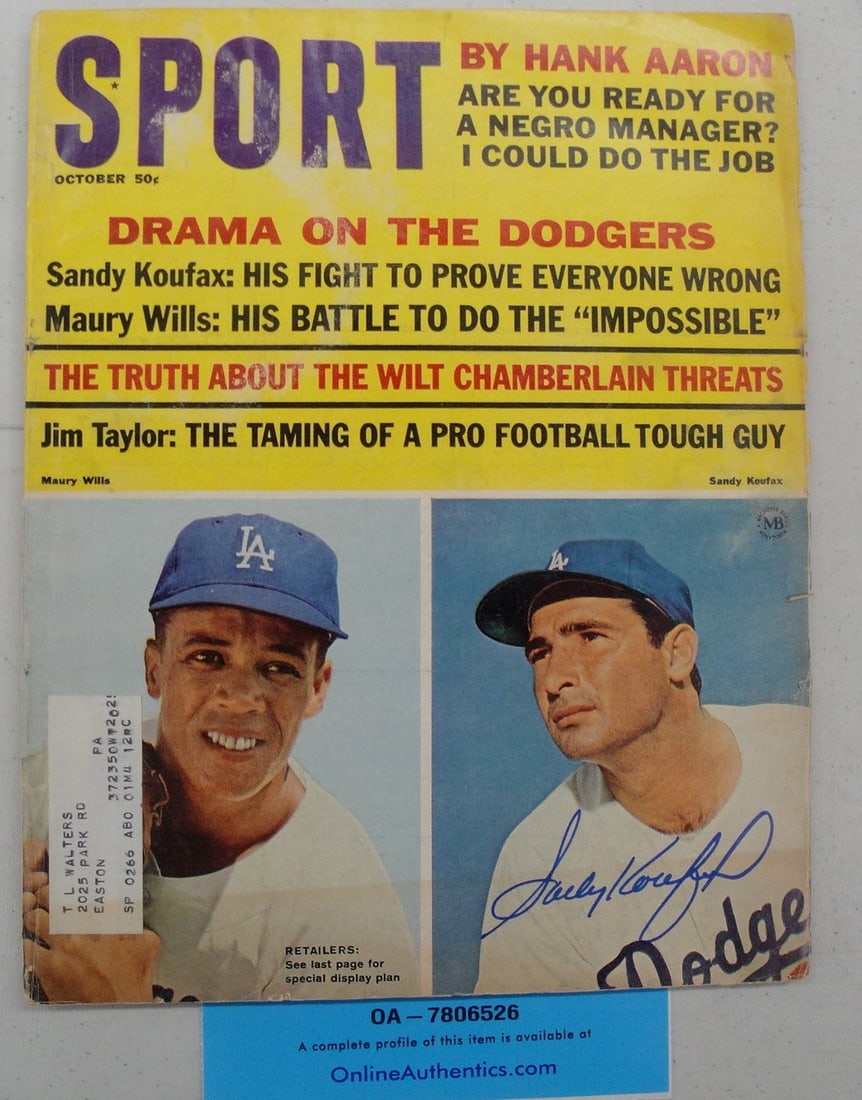 Sandy Koufax Autographed 1965 Sports Magazine Online Authentics: Sandy Koufax Autographed 1965 Sports Magazine Online Authentics This is an original 1965 sports magazine featuring Sandy Koufax, a legendary player for the Los Angeles Dodgers. The magazine is hand-si