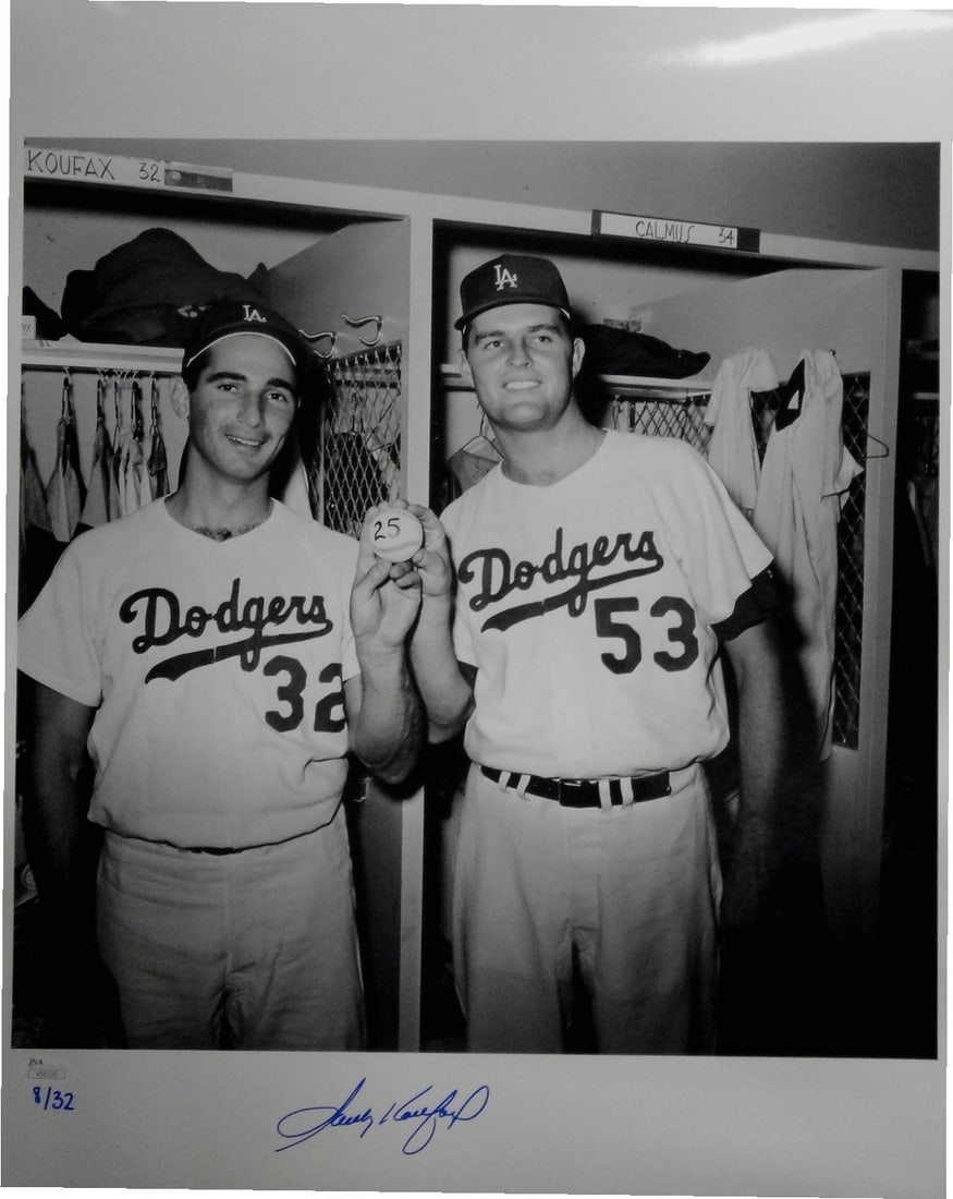 Sandy Koufax Autographed 16x20 Photo Dodgers JSA Certified: Sandy Koufax Autographed 16x20 Photo Dodgers JSA Certified This is an original hand-signed autographed 16x20 photo of Sandy Koufax, a celebrated player of the Los Angeles Dodgers. The photograph is de