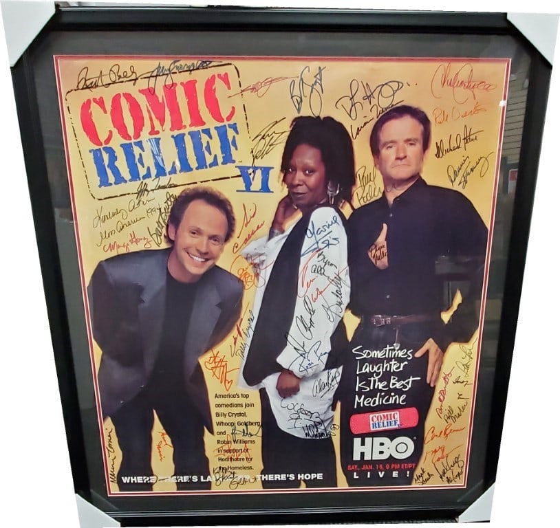 Robin Williams Whoopi Goldberg Billy Crystal Signed Comic Relief Poster: Robin Williams Whoopi Goldberg Billy Crystal Signed Comic Relief Poster Celebrate the comedic genius of Robin Williams, Whoopie Goldberg, and Billy Crystal with this stunning signed framed poster from