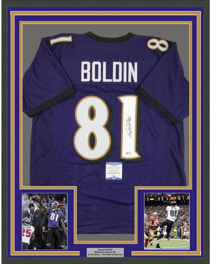 Framed Baltimore Ravens Anquan Boldin Signed Jersey 33x42 Beckett COA: Framed Baltimore Ravens Anquan Boldin Signed Jersey 33x42 Beckett COA This framed Baltimore Ravens jersey features an authentic Anquan Boldin autograph, verified by Beckett Grading Services. The jerse
