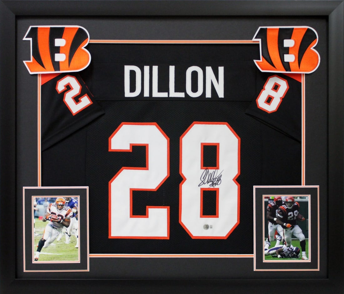 Corey Dillon Signed Cincinnati Bengals Black Framed Jersey BAS Witnessed: Corey Dillon Signed Cincinnati Bengals Black Framed Jersey BAS Witnessed Celebrate the legacy of Corey Dillon with this authentic signed black pro style framed jersey from the Cincinnati Bengals. Pers