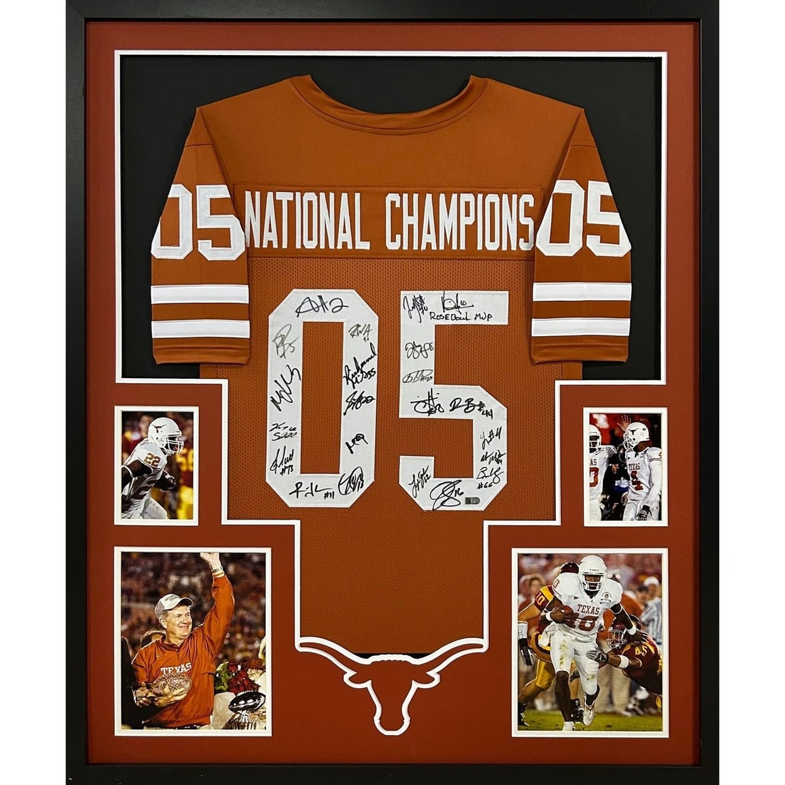 2005 Texas Longhorns Autographed Framed Jersey AIV COA 22 Signatures: 2005 Texas Longhorns Autographed Framed Jersey AIV COA 22 Signatures Celebrate the legacy of the 2005 National Champion Texas Longhorns with this autographed framed jersey. Hand-signed by 22 members o