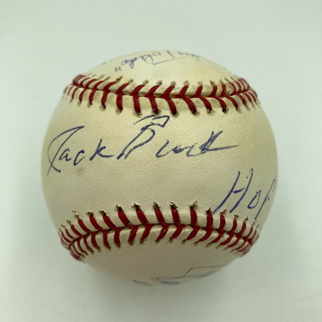 Baseball Signed by Hall of Fame Broadcasters Buck Kalas Brennaman JSA Authenticated: Baseball Signed by Hall of Fame Broadcasters Buck Kalas Brennaman JSA Authenticated This is an original baseball signed by legendary Hall of Fame broadcasters Jack Buck, Harry Kalas, Marty Brennaman, 