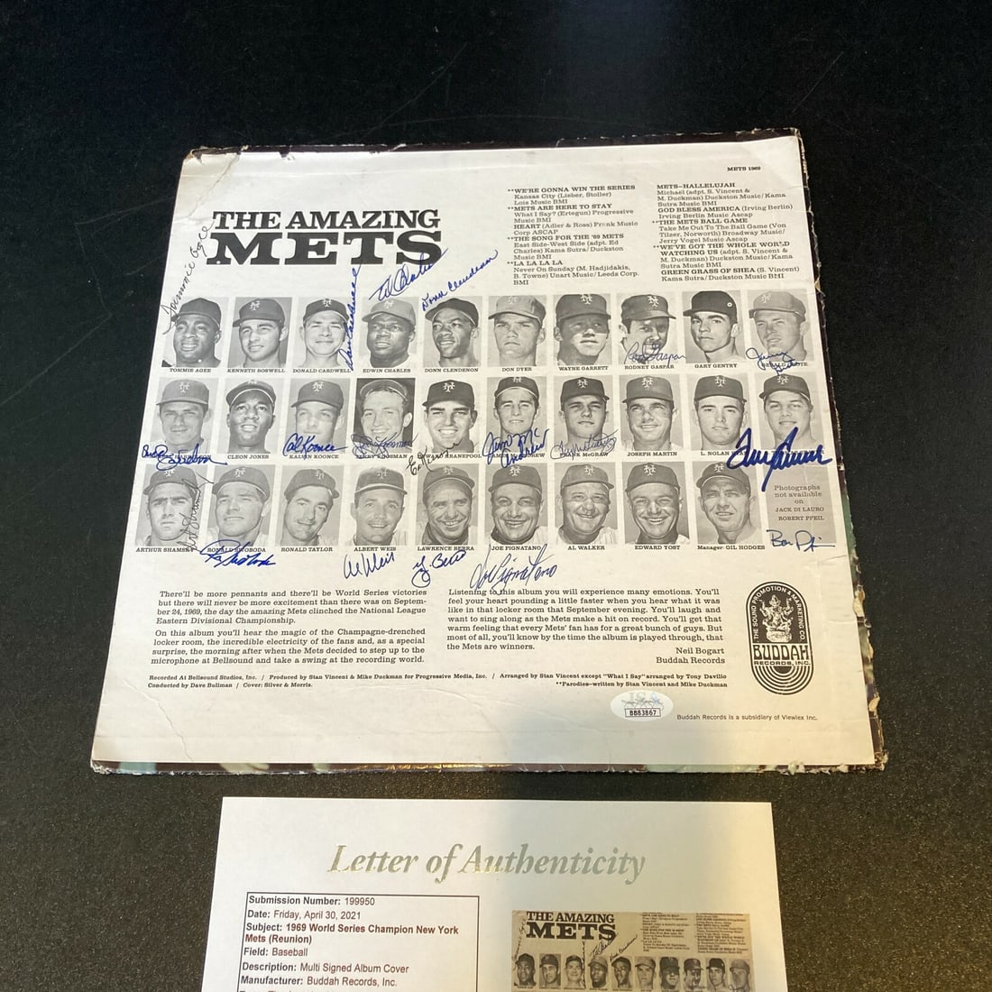 Vintage LP Album Signed by 1969 New York Mets World Series Champions JSA Authenticated: Vintage LP Album Signed by 1969 New York Mets World Series Champions JSA Authenticated This vintage LP record album commemorates the 1969 New York Mets World Series Champions and features 19 team sign