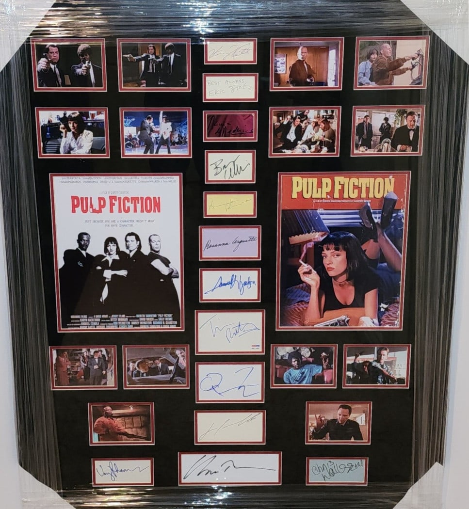 Autographed Pulp Fiction Photo Display Signed by Travolta Jackson Willis Beckett COA: Autographed Pulp Fiction Photo Display Signed by Travolta Jackson Willis Beckett COA This is a pre-owned, original autographed photo display from the film Pulp Fiction. The display features signatures