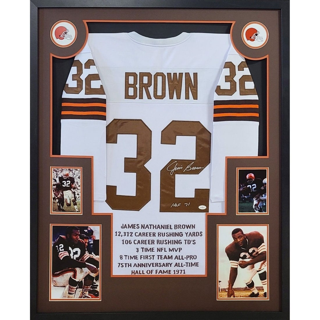 Jim Brown Autographed Framed Jersey with JSA COA Cleveland Browns: Jim Brown Autographed Framed Jersey with JSA COA Cleveland Browns This autographed Jim Brown framed white jersey celebrates the legacy of the legendary Cleveland Browns player. Authenticated by JSA, a