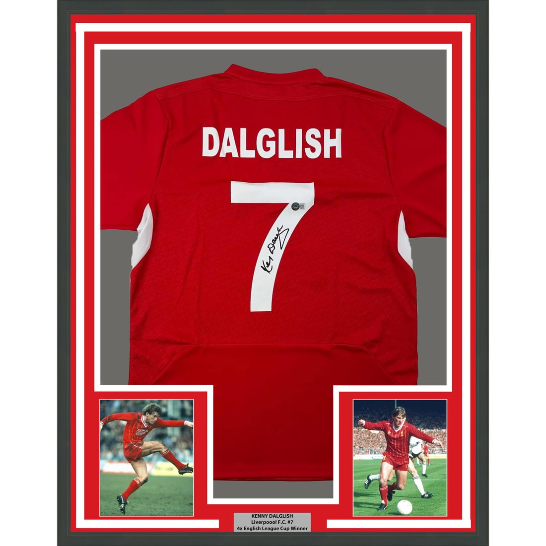 Framed Kenny Dalglish Signed Liverpool Jersey with BAS COA: Framed Kenny Dalglish Signed Liverpool Jersey with BAS COA Celebrate the legacy of Kenny Dalglish with this professionally framed and autographed Liverpool red jersey. This original piece features the