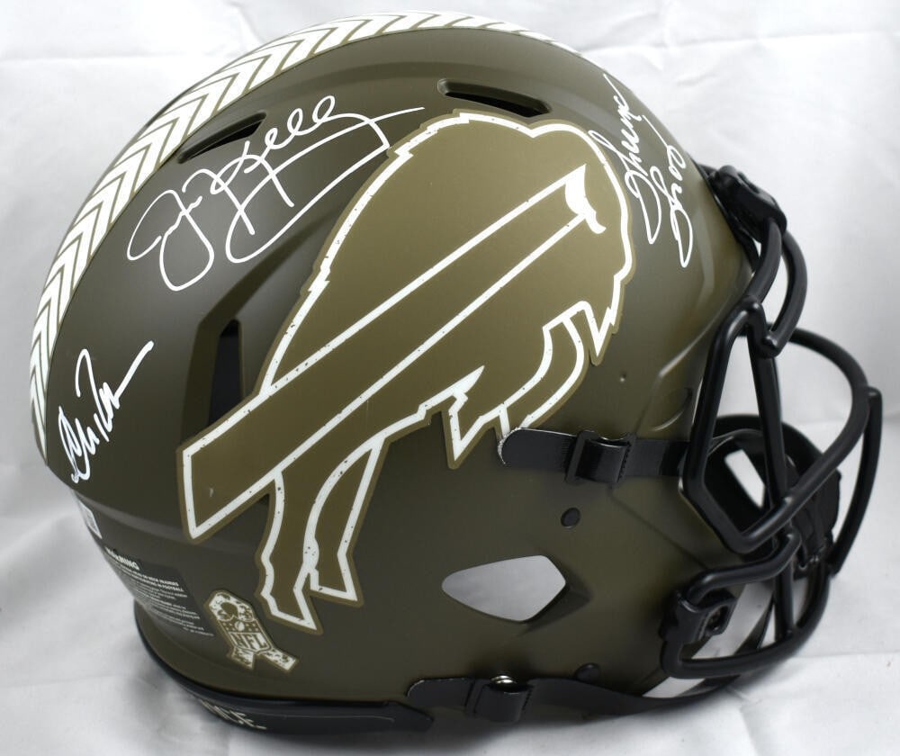 Buffalo Bills helmet autographs by Reed Kelly Thomas Beckett BAS: Buffalo Bills helmet autographs by Reed Kelly Thomas Beckett BAS This full-size Buffalo Bills helmet features the authentic signatures of Andre Reed, Jim Kelly, and Thurman Thomas. The helmet has been