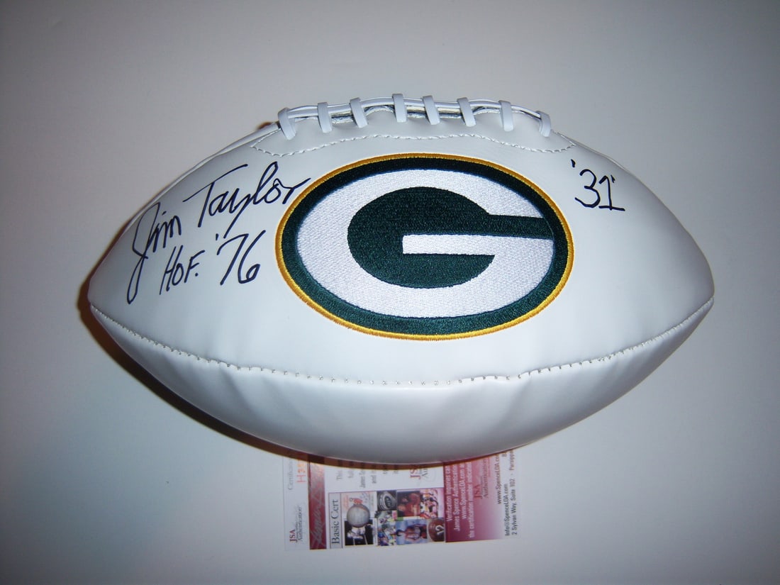 Signed Green Bay Packers football Jim Taylor HOF 76 JSA COA: Signed Green Bay Packers football Jim Taylor HOF 76 JSA COA This is an original football signed by Jim Taylor of the Green Bay Packers, featuring his Hall of Fame 'HOF 76' inscription. The item is acc