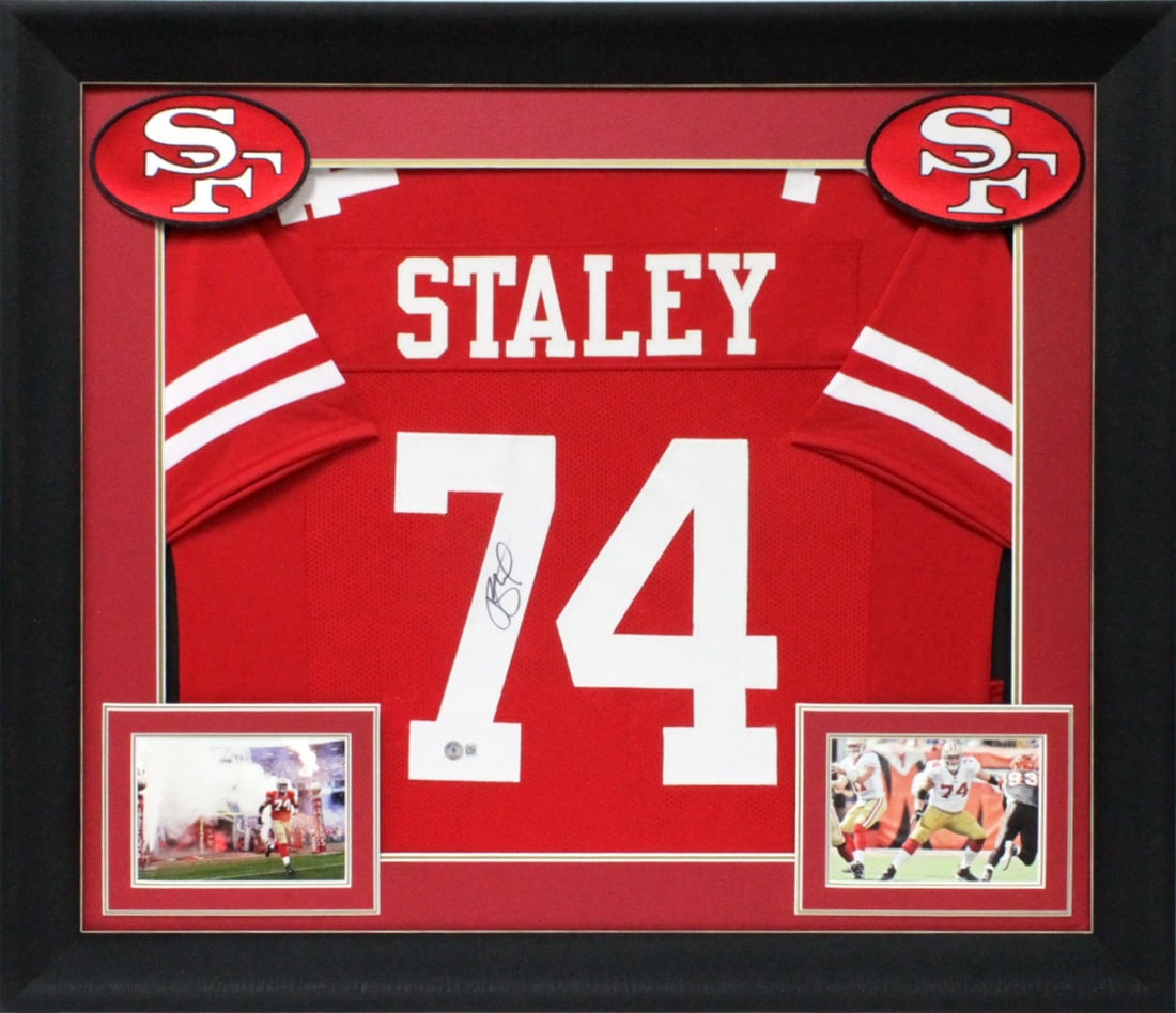 Joe Staley Signed 49ers Framed Jersey BAS Authenticated 32 x 37: Joe Staley Signed 49ers Framed Jersey BAS Authenticated 32 x 37 Celebrate the legacy of Joe Staley with this authentic signed red pro style framed jersey from the San Francisco 49ers. Personally signe