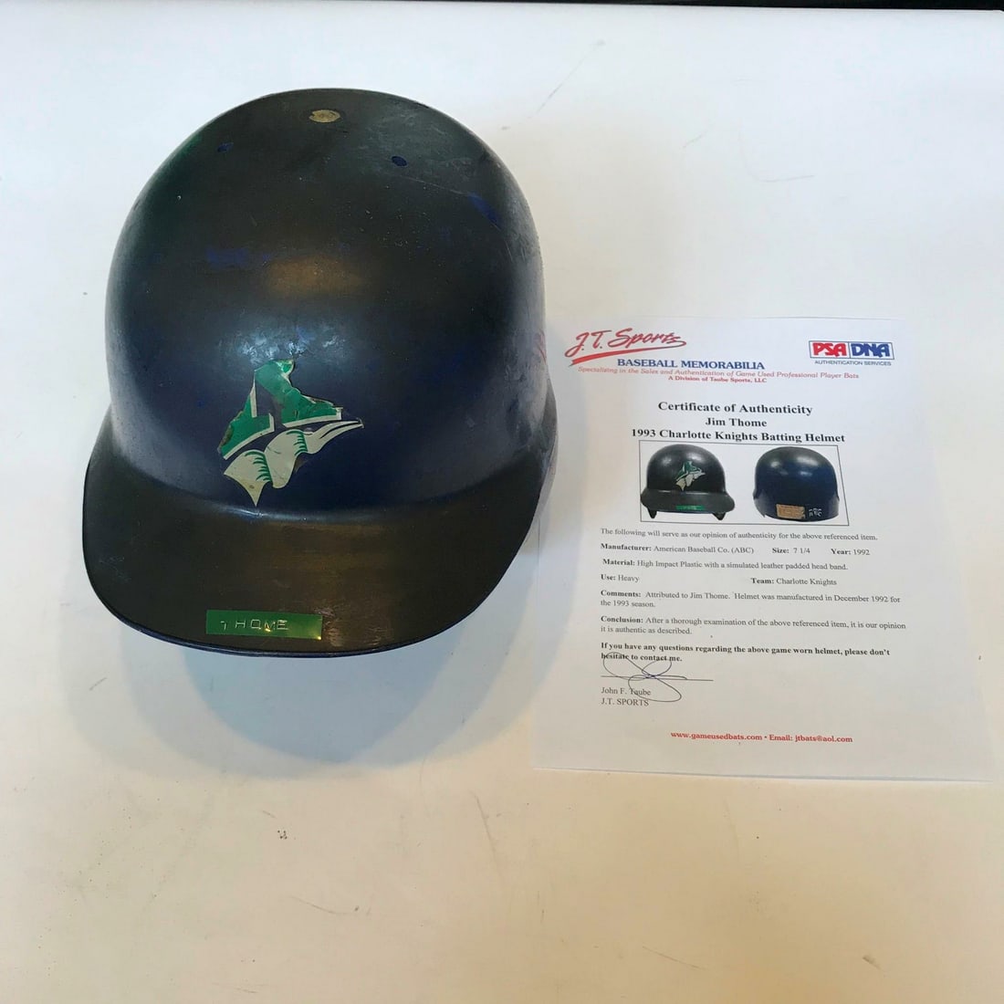 1993 Jim Thome Game-Used Charlotte Knights Helmet PSA DNA COA: 1993 Jim Thome Game-Used Charlotte Knights Helmet PSA DNA COA This game-used batting helmet was worn by Hall of Famer Jim Thome during his 1993 season with the Charlotte Knights. Thome, who made a sig
