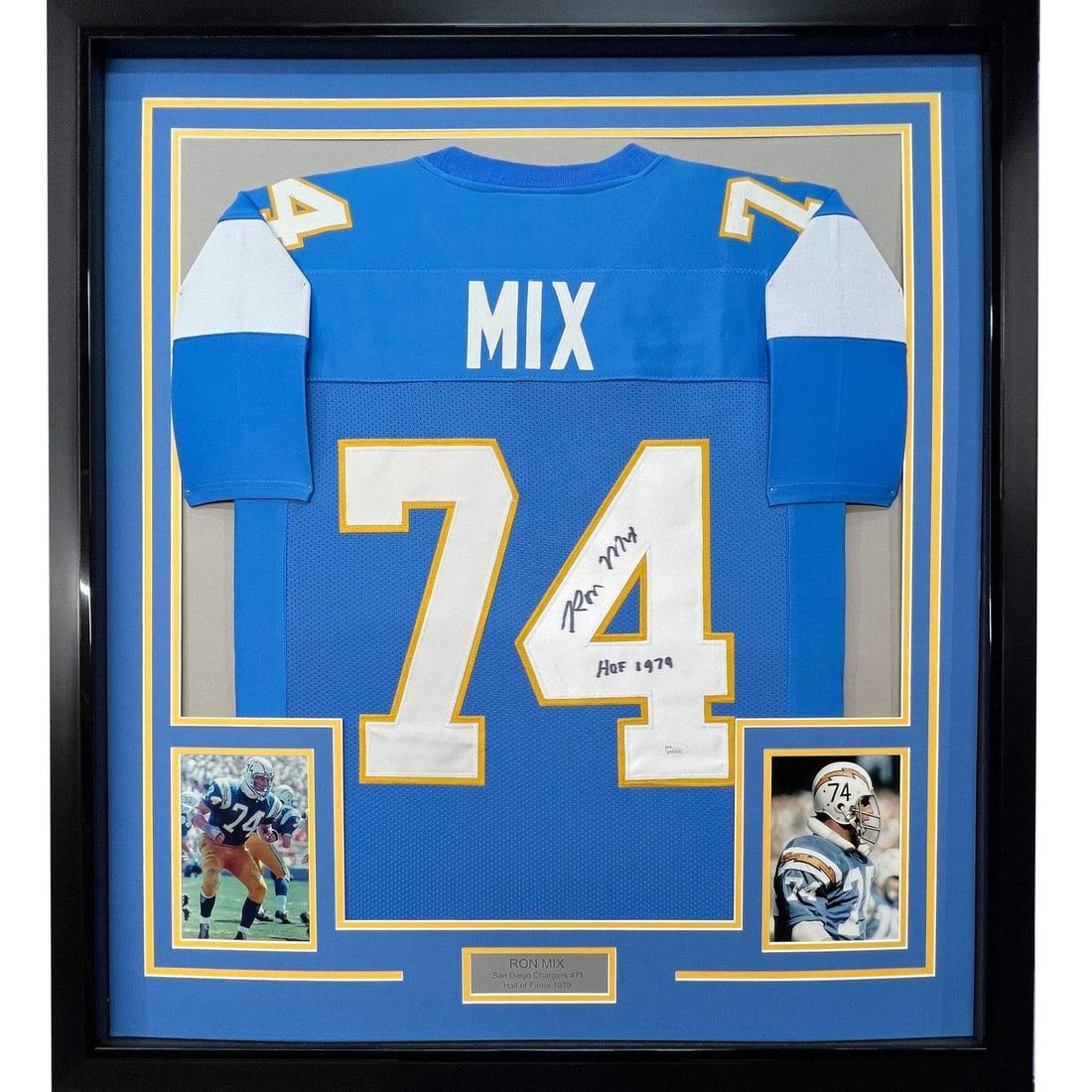 Ron Mix Signed Framed Chargers Jersey JSA COA 33x42: Ron Mix Signed Framed Chargers Jersey JSA COA 33x42 This professionally framed and matted San Diego Chargers powder blue jersey is autographed by Hall of Famer Ron Mix. The display measures 33" x 42" 