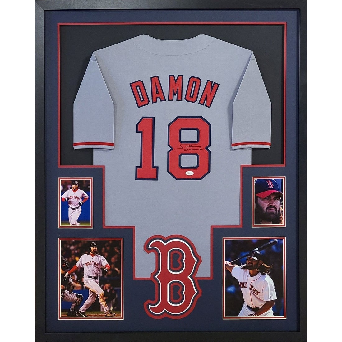 Johnny Damon Signed Framed Jersey Boston Red Sox JSA Authenticated 42x34: Johnny Damon Signed Framed Jersey Boston Red Sox JSA Authenticated 42x34 This is a beautifully framed autographed jersey of Johnny Damon, showcasing his time with the Boston Red Sox. The jersey is aut