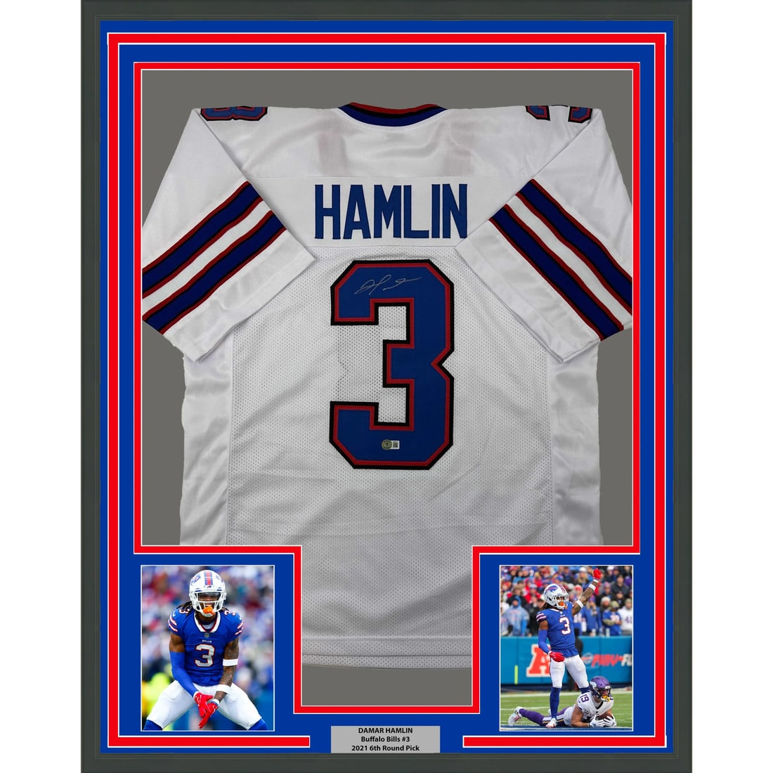 Framed Damar Hamlin Autographed Jersey Buffalo Bills BAS COA: Framed Damar Hamlin Autographed Jersey Buffalo Bills BAS COA This professionally framed and autographed Damar Hamlin Buffalo Bills jersey is a must-have for any NFL fan. Measuring 35 inches by 39 inch