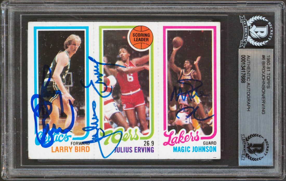 Beckett Slabbed 1980 Topps #6 Rookie Card Signed by Magic Johnson Larry Bird Julius Erving: Beckett Slabbed 1980 Topps #6 Rookie Card Signed by Magic Johnson Larry Bird Julius Erving This 1980 Topps #6 rookie card has been personally signed by Magic Johnson, Larry Bird, and Julius Erving. Th