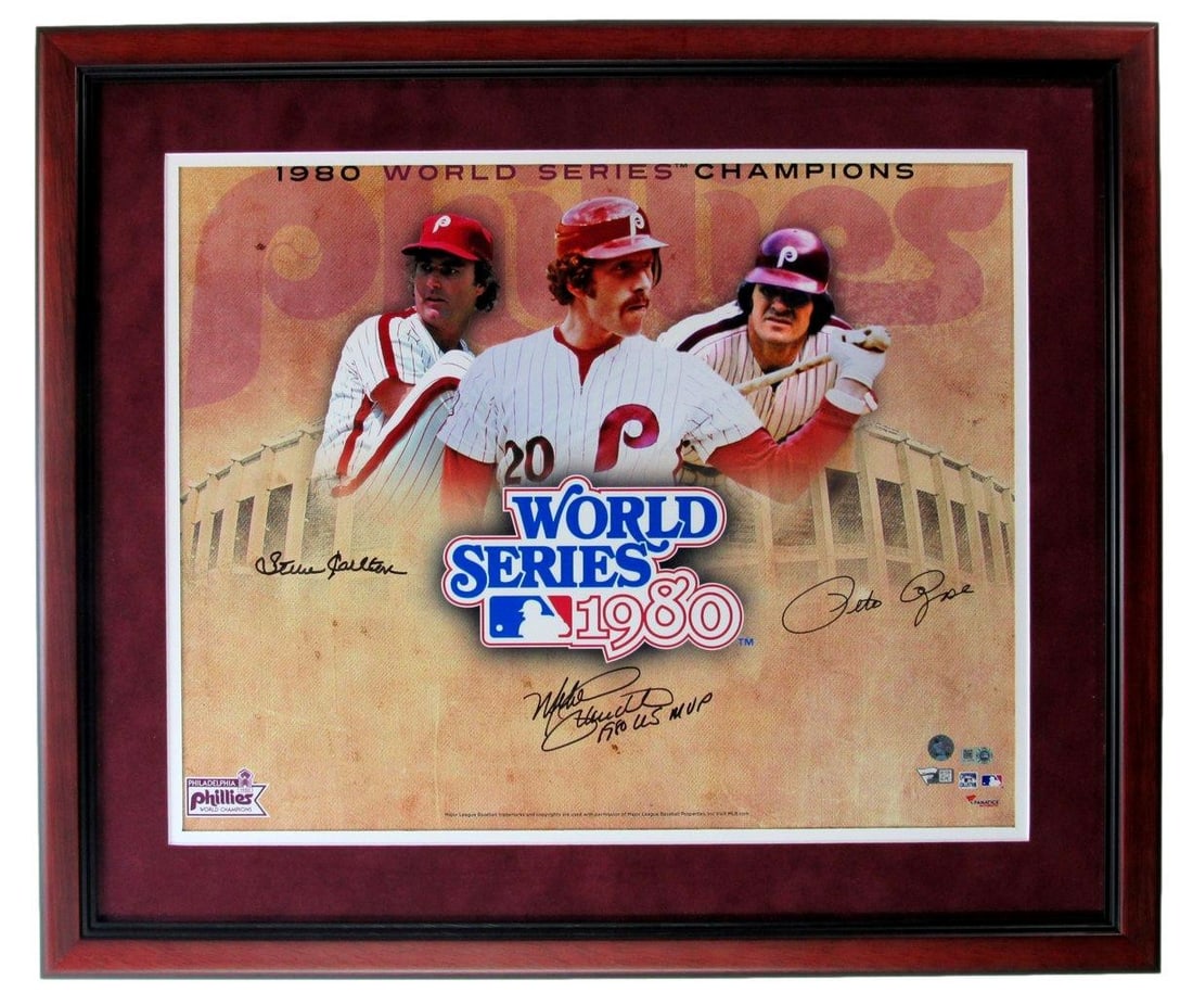Framed 16x20 Phillies Photo Signed by Carlton Schmidt Rose Authenticated by Fanatics: Framed 16x20 Phillies Photo Signed by Carlton Schmidt Rose Authenticated by Fanatics This professionally framed 16x20 photograph commemorates the 1980 World Series and features authentic signatures fr