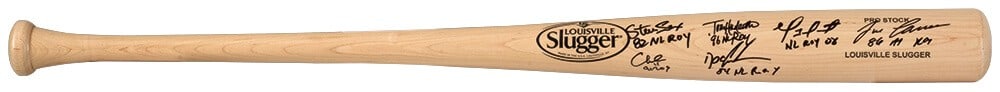 Signed Louisville Slugger blonde bat with 6 ROY inscriptions: Signed Louisville Slugger blonde bat with 6 ROY inscriptions This is an original Louisville Slugger Pro Stock blonde baseball bat, multi-signed by six MLB Rookie of the Year award winners. The bat fea