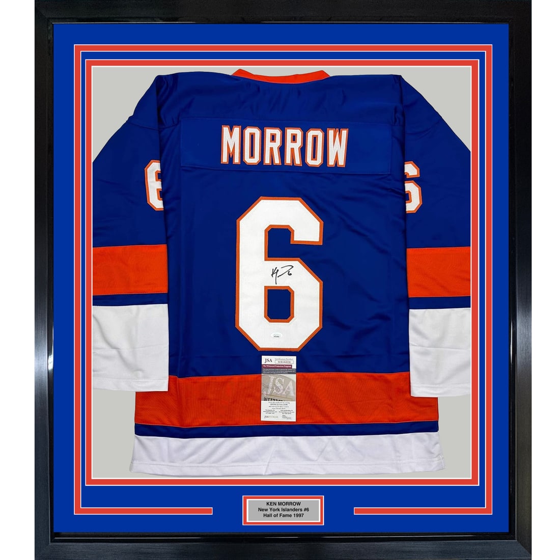 Framed Signed Ken Morrow New York Islanders Jersey with JSA COA: Framed Signed Ken Morrow New York Islanders Jersey with JSA COA Celebrate the legacy of Ken Morrow with this professionally framed and matted autographed New York Islanders hockey jersey. Measuring 35
