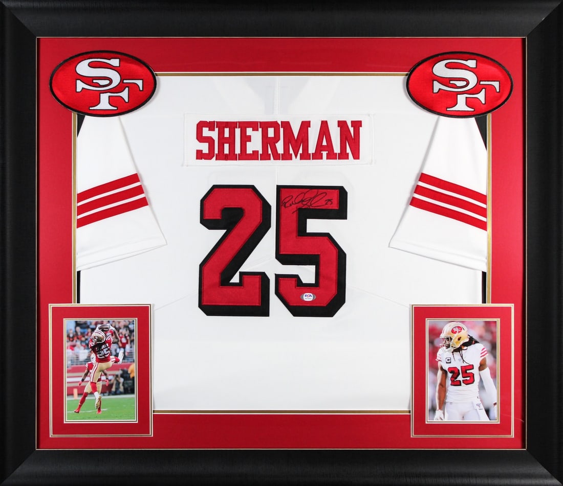 Richard Sherman Autographed White Nike Elite 49ers Jersey Framed With PSA DNA: Richard Sherman Autographed White Nike Elite 49ers Jersey Framed With PSA DNA This framed white Nike Elite jersey features the authentic signature of Richard Sherman from the San Francisco 49ers. The 