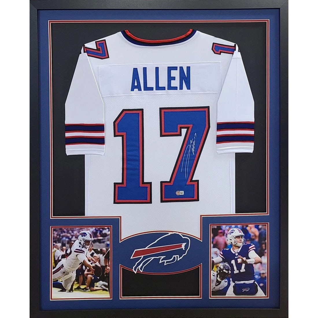 Framed Buffalo Bills Josh Allen Signed White Jersey Beckett Authenticated: Framed Buffalo Bills Josh Allen Signed White Jersey Beckett Authenticated This framed white Buffalo Bills jersey is autographed by Josh Allen and authenticated by Beckett, featuring a tamper-proof sti
