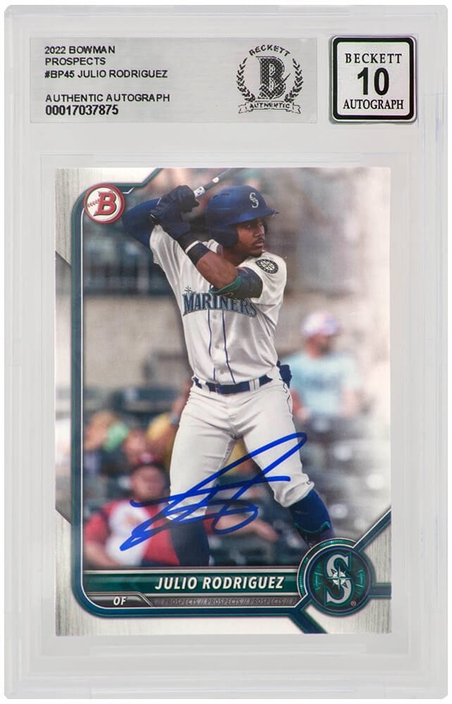Julio Rodriguez Signed Mariners 2022 Bowman BP45 Beckett Auto 10: Julio Rodriguez Signed Mariners 2022 Bowman BP45 Beckett Auto 10 This is a Julio Rodriguez signed Seattle Mariners 2022 Bowman Prospects baseball trading card #BP45. The card features the young star p