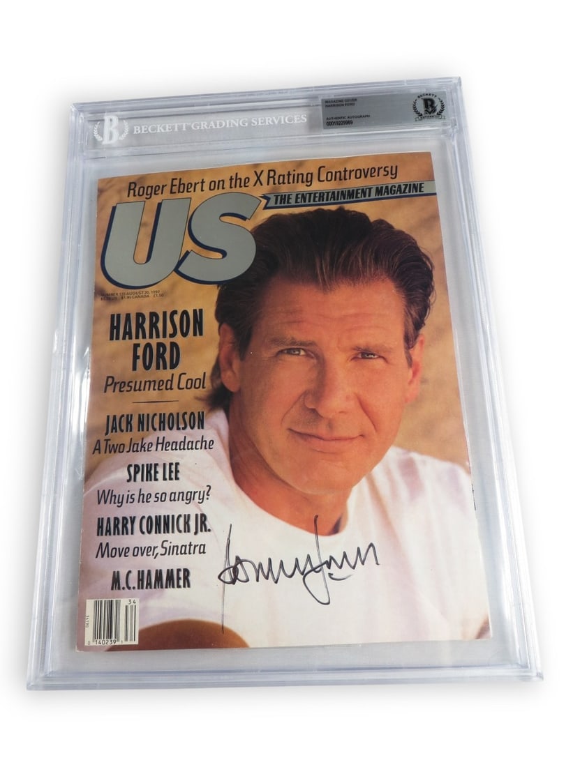 Harrison Ford Signed August 1990 US Magazine Cover Beckett Authenticated Star Wars: Harrison Ford Signed August 1990 US Magazine Cover Beckett Authenticated Star Wars This is an original August 1990 US magazine cover autographed by Harrison Ford, known for his iconic role in Star War