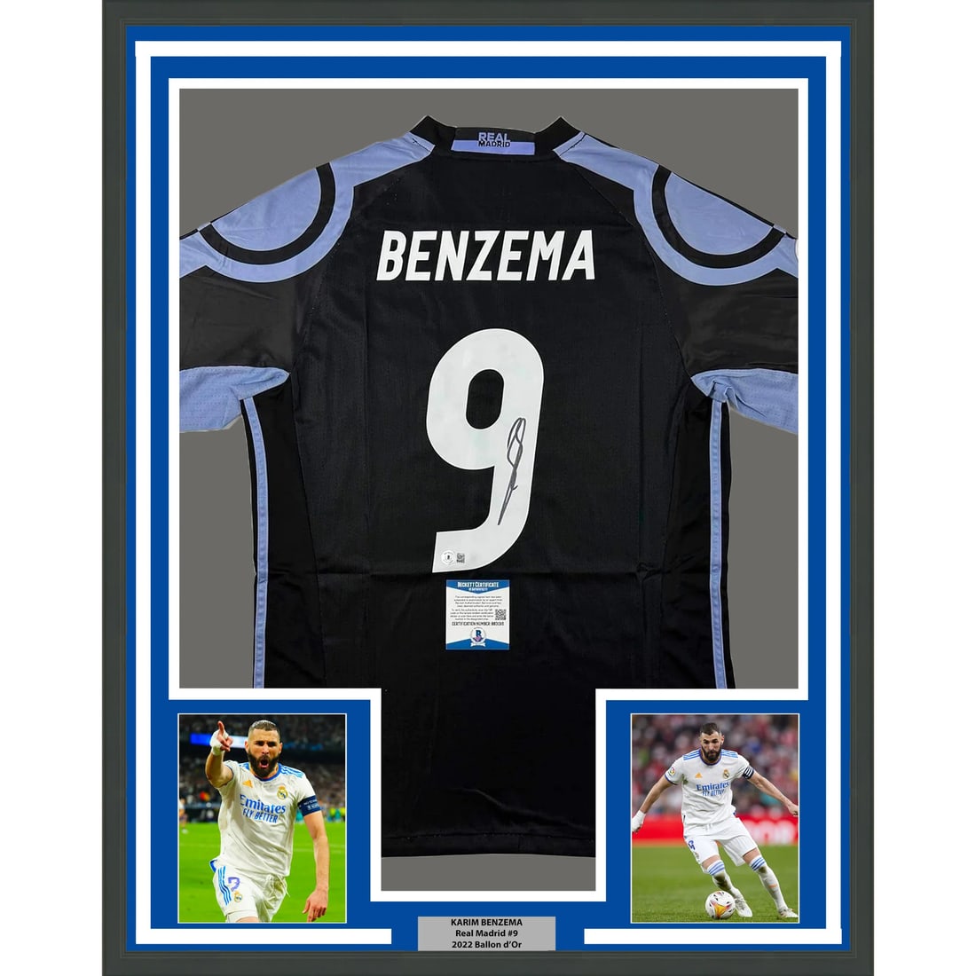 Framed Karim Benzema Autographed 2016-17 Real Madrid Jersey BAS COA: Framed Karim Benzema Autographed 2016-17 Real Madrid Jersey BAS COA This professionally framed and matted jersey features the autograph of Karim Benzema, a renowned player from Real Madrid. The jersey