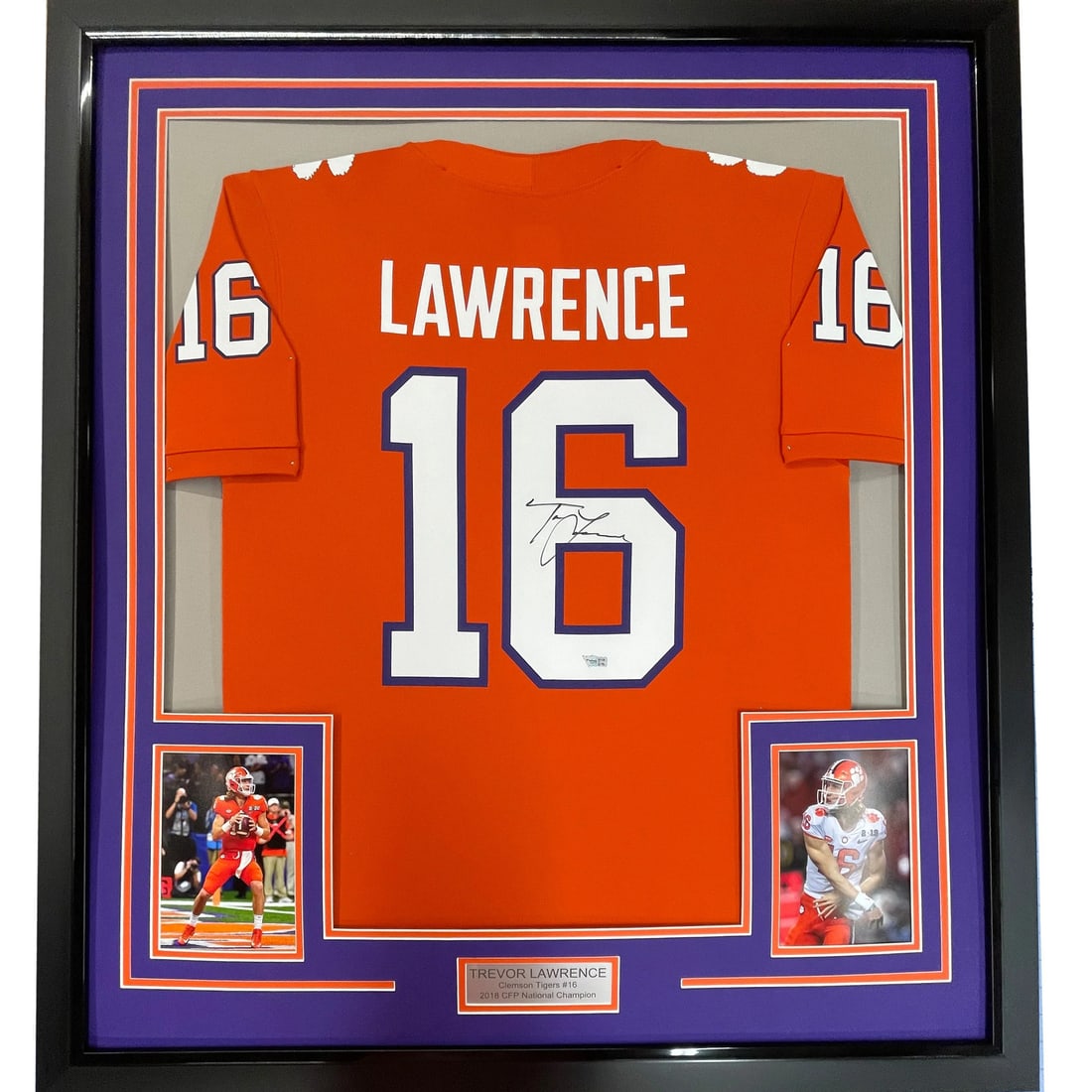 Framed Signed Trevor Lawrence Clemson Jersey with Fanatics COA: Framed Signed Trevor Lawrence Clemson Jersey with Fanatics COA This professionally framed and matted autographed Trevor Lawrence jersey is a must-have for any Clemson Tigers fan. The item features an 