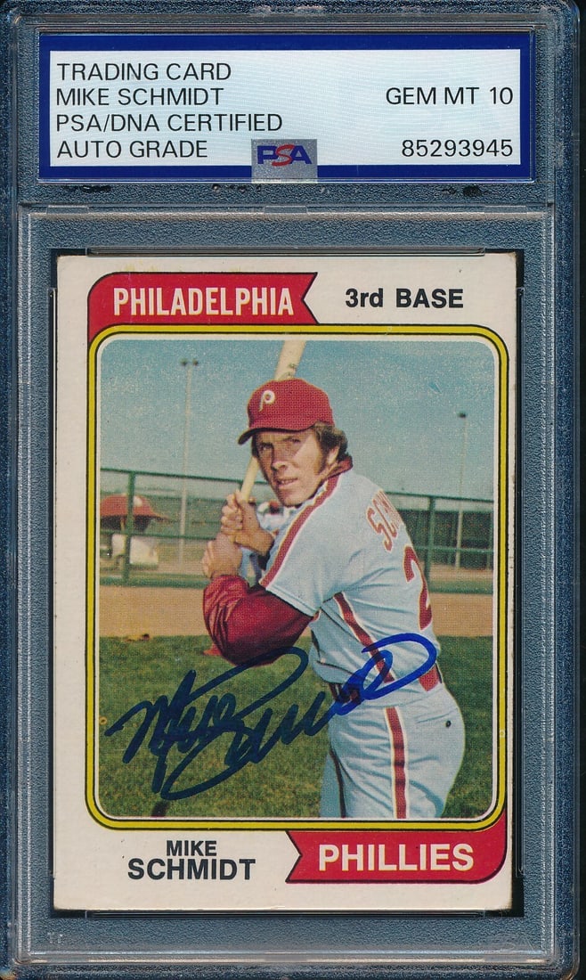 1974 Topps Mike Schmidt Signed Card #283 PSA/DNA GEM MINT 10: 1974 Topps Mike Schmidt Signed Card #283 PSA/DNA GEM MINT 10 This is a signed 1974 Topps #283 card featuring Mike Schmidt, a Hall of Fame player for the Philadelphia Phillies. The card is autographed 