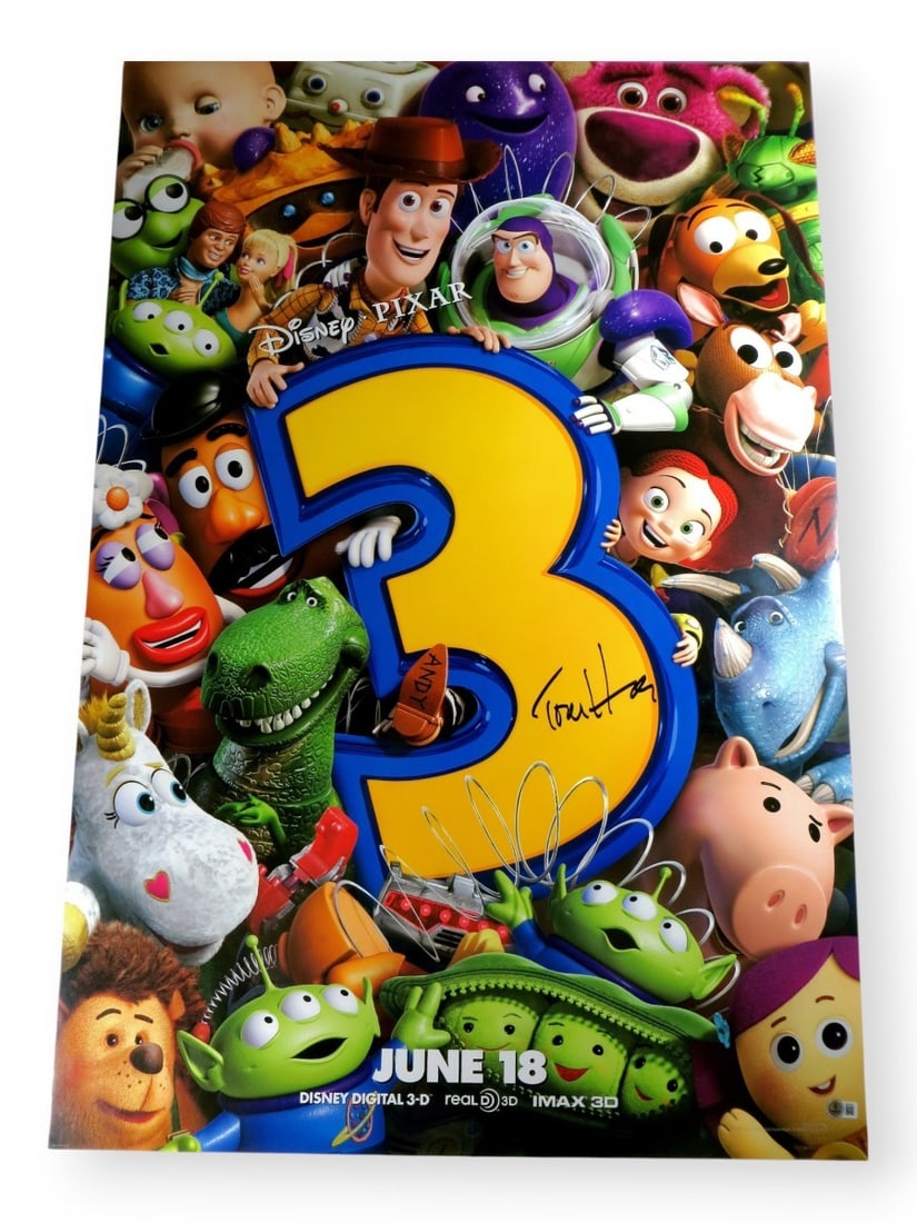 Tom Hanks Signed Toy Story 3 Poster 27X40 Beckett Authenticated: Tom Hanks Signed Toy Story 3 Poster 27X40 Beckett Authenticated This original 27x40 movie poster for Toy Story 3 features the iconic character Woody and is autographed by Tom Hanks, who provided the v