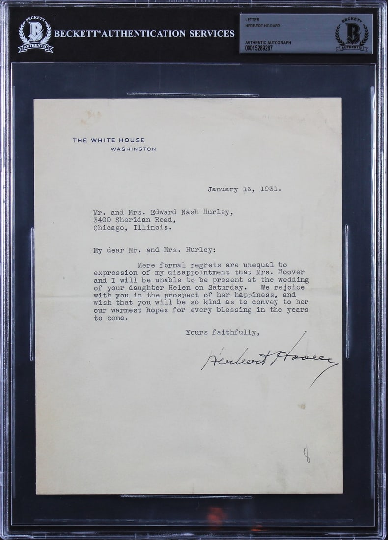 7x8.75 1931 White House Letter Signed by Herbert Hoover Beckett Authenticated (1 of 5)