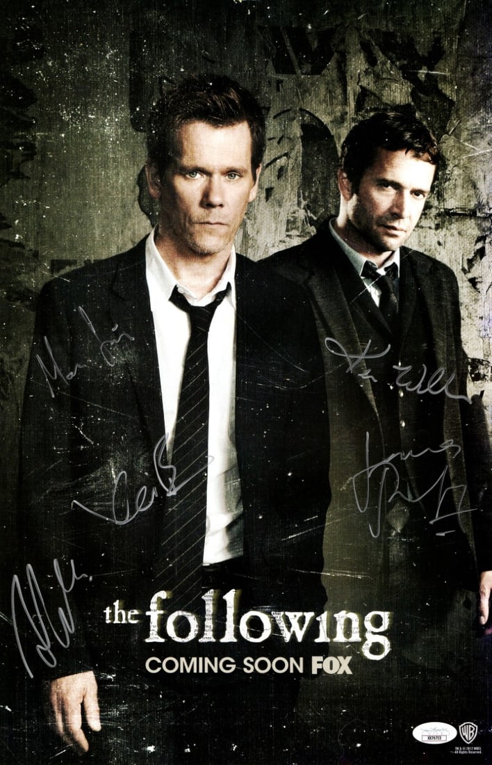 The Following Autographed 11x17 Poster Kevin Bacon +4 JSA Certified: The Following Autographed 11x17 Poster Kevin Bacon +4 JSA Certified This is an original 11x17 autographed poster from the cast of 'The Following,' featuring signatures from Kevin Bacon, James Purefoy,