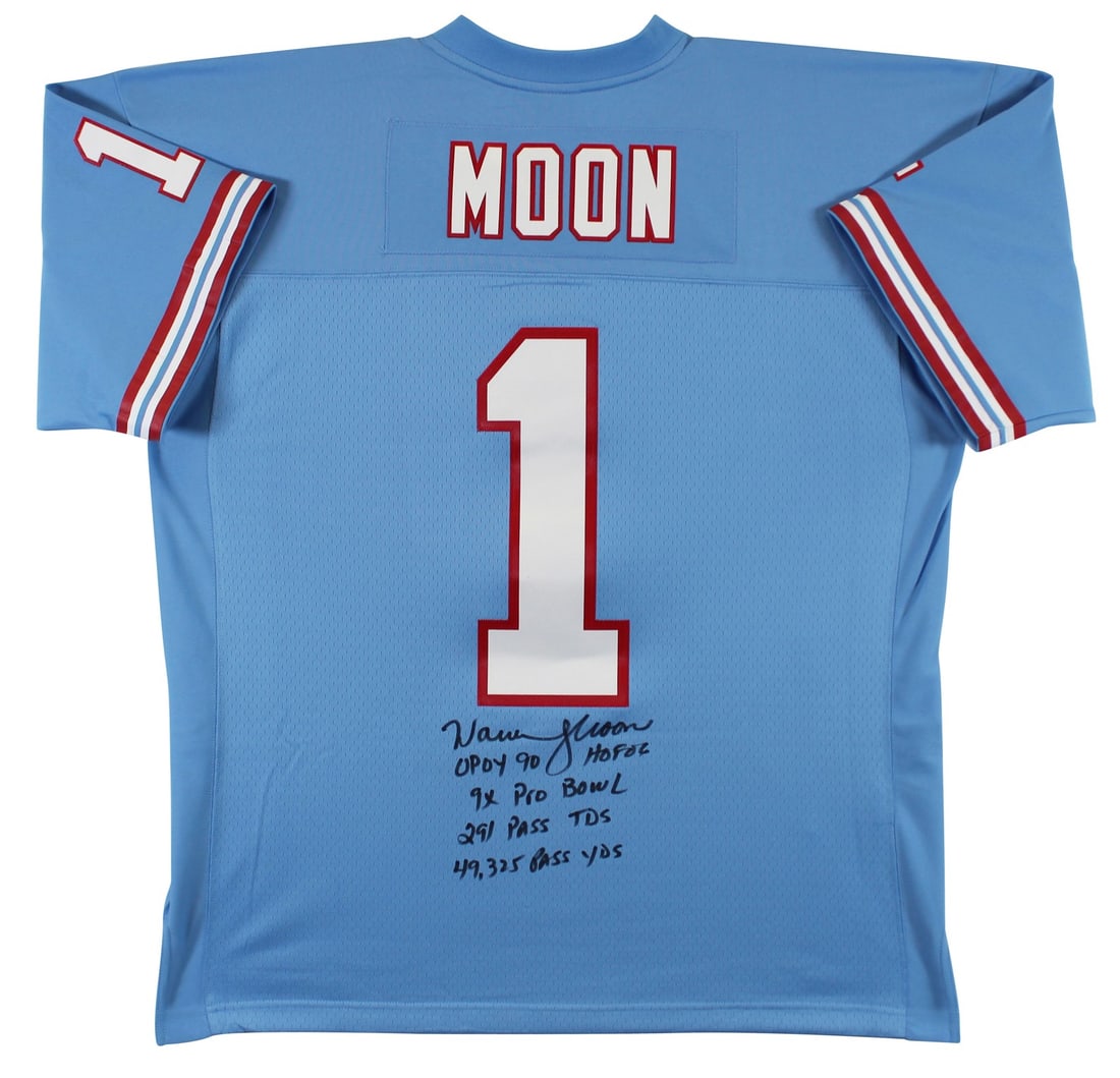 Warren Moon Signed Light Blue 1993 Oilers Jersey with Inscriptions BAS Authenticated: Warren Moon Signed Light Blue 1993 Oilers Jersey with Inscriptions BAS Authenticated Celebrate the legacy of Warren Moon with this autographed light blue 1993 Mitchell & Ness throwback jersey. This or