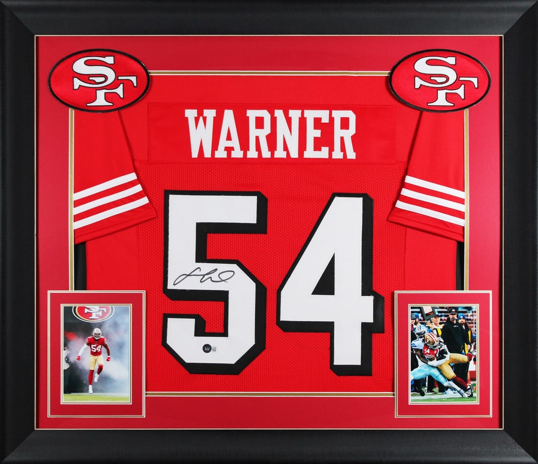 Fred Warner Signed Framed Jersey San Francisco 49ers with BAS Authentication: Fred Warner Signed Framed Jersey San Francisco 49ers with BAS Authentication Celebrate your fandom with this authentic red pro style jersey, personally signed by Fred Warner of the San Francisco 49ers